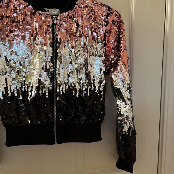 H&M Girls Ombre Black Silver Pink Sequin Bomber Jacket Size 10-11 years - Picture 5 of 15